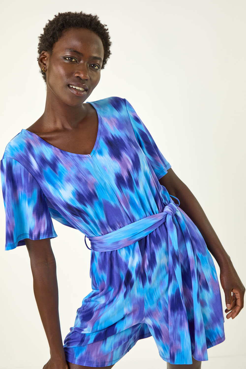 Purple Abstract Print Belted Playsuit, Image 3 of 5