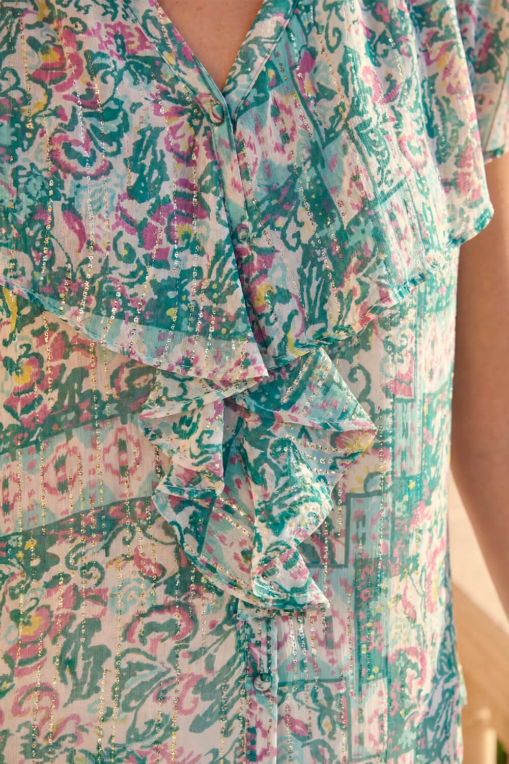 Green Printed Metallic Ruffle Front Blouse , Image 5 of 4