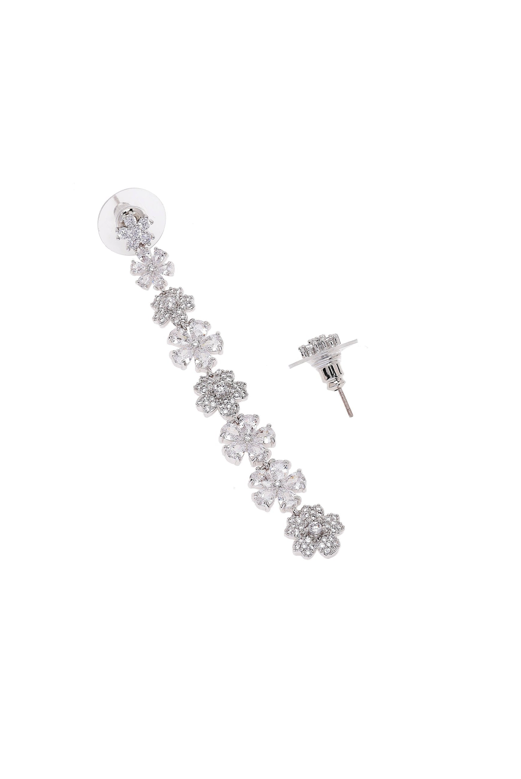 Silver Long Floral Dangle Earrings, Image 3 of 4
