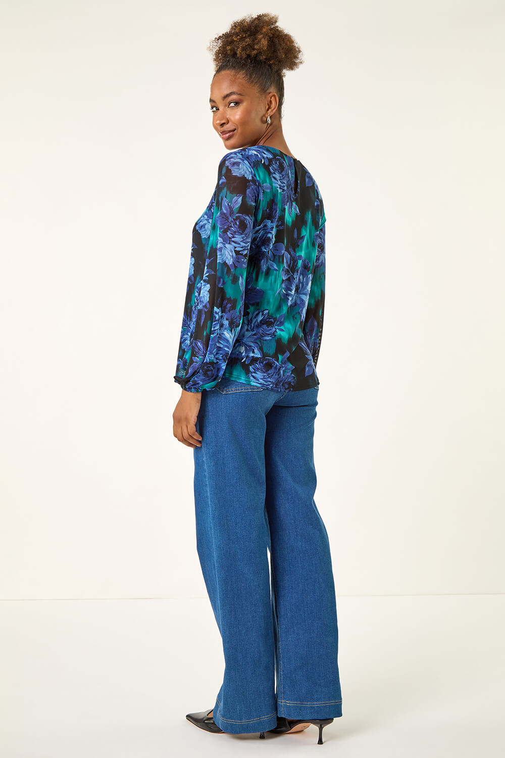 Blue Floral Mesh Top, Image 4 of 5