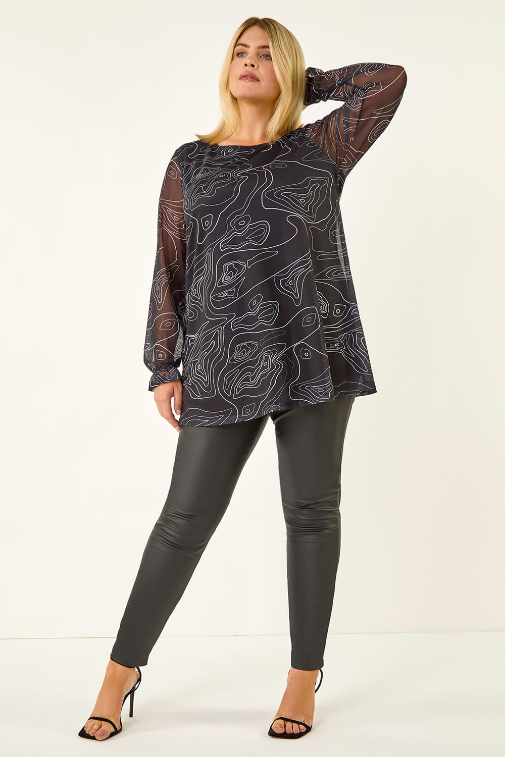 Black Curve Swirl Print Stretch Top, Image 3 of 5