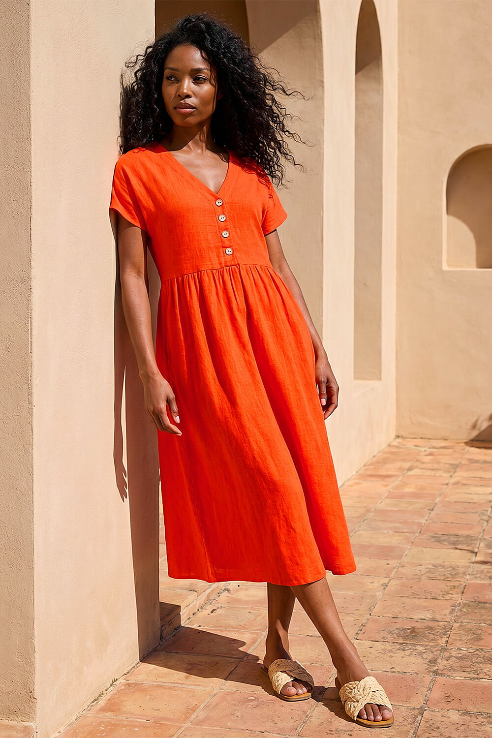 ORANGE Linen Look Button Midi Dress, Image 1 of 4