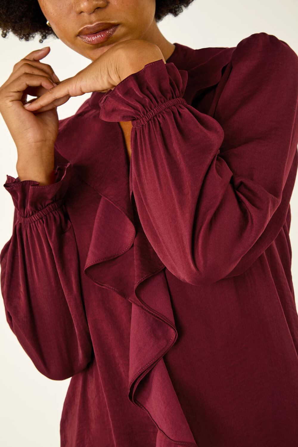 Wine Ruffle Front Keyhole Satin Top, Image 6 of 5