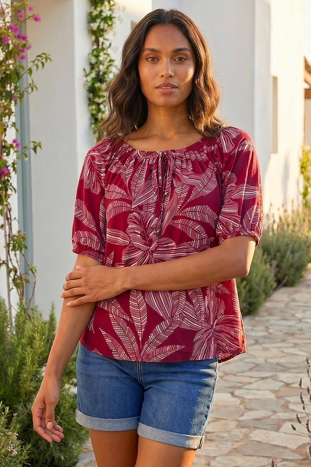 Red Floral Puff Print Bardot Top, Image 1 of 4