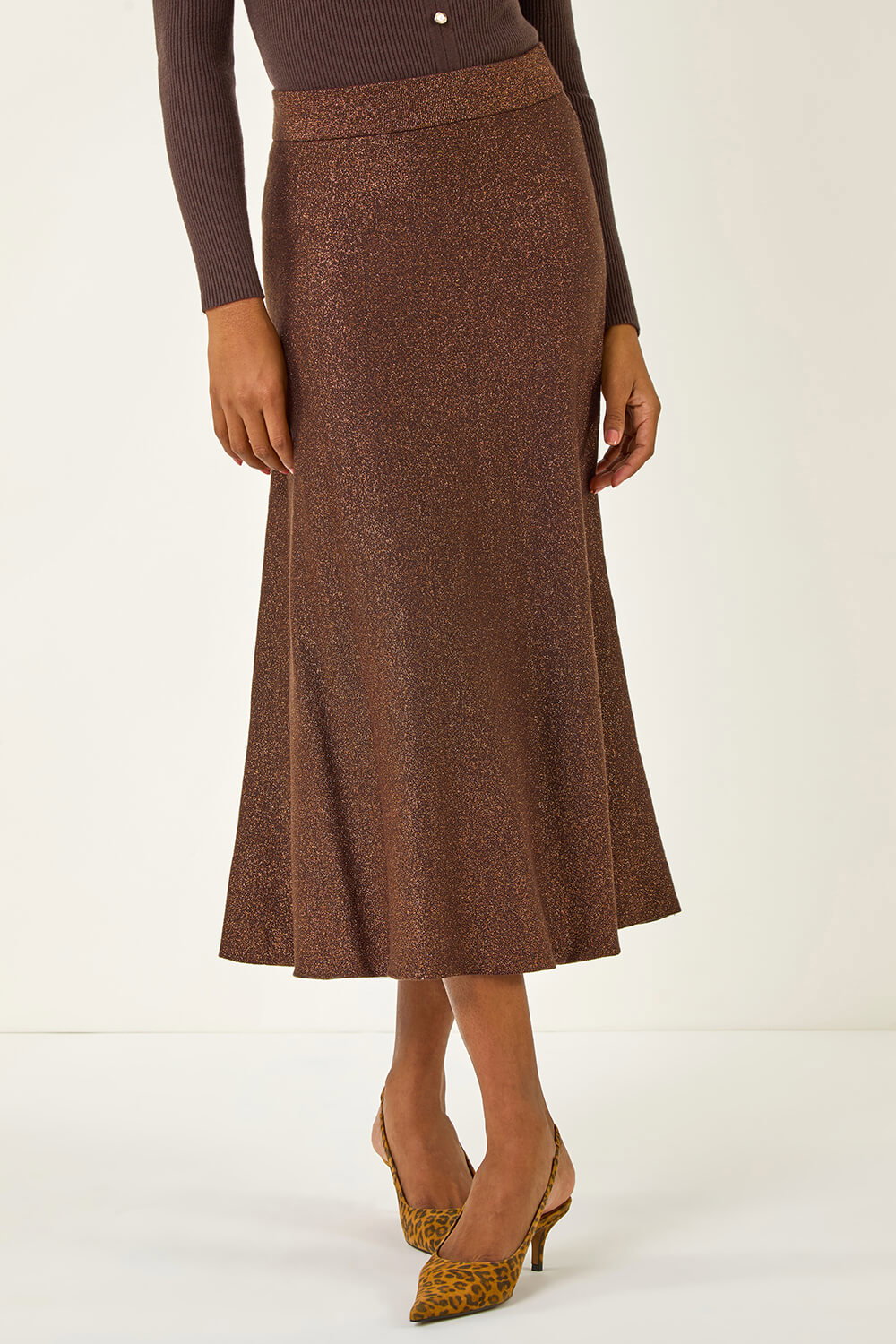 Dark Brown Shimmer Knit Midi Skirt, Image 1 of 5