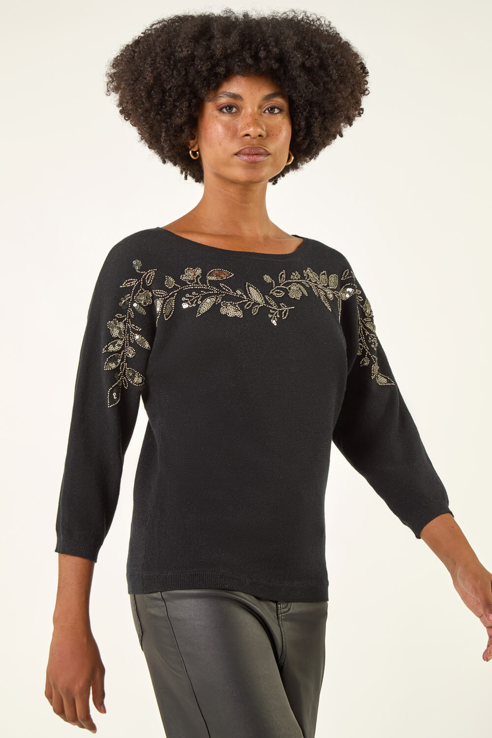 Black Embellished Floral Sequin Knit Jumper, Image 5 of 5
