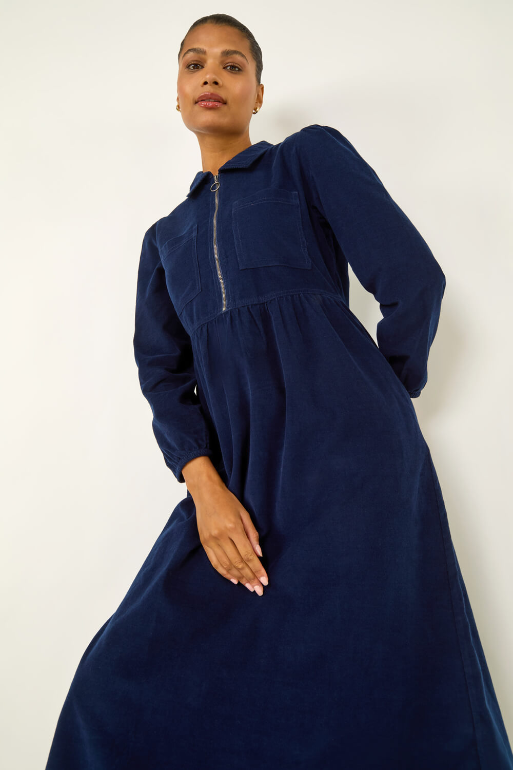Navy Corduroy Zip Detail Midi Dress | Roman UK