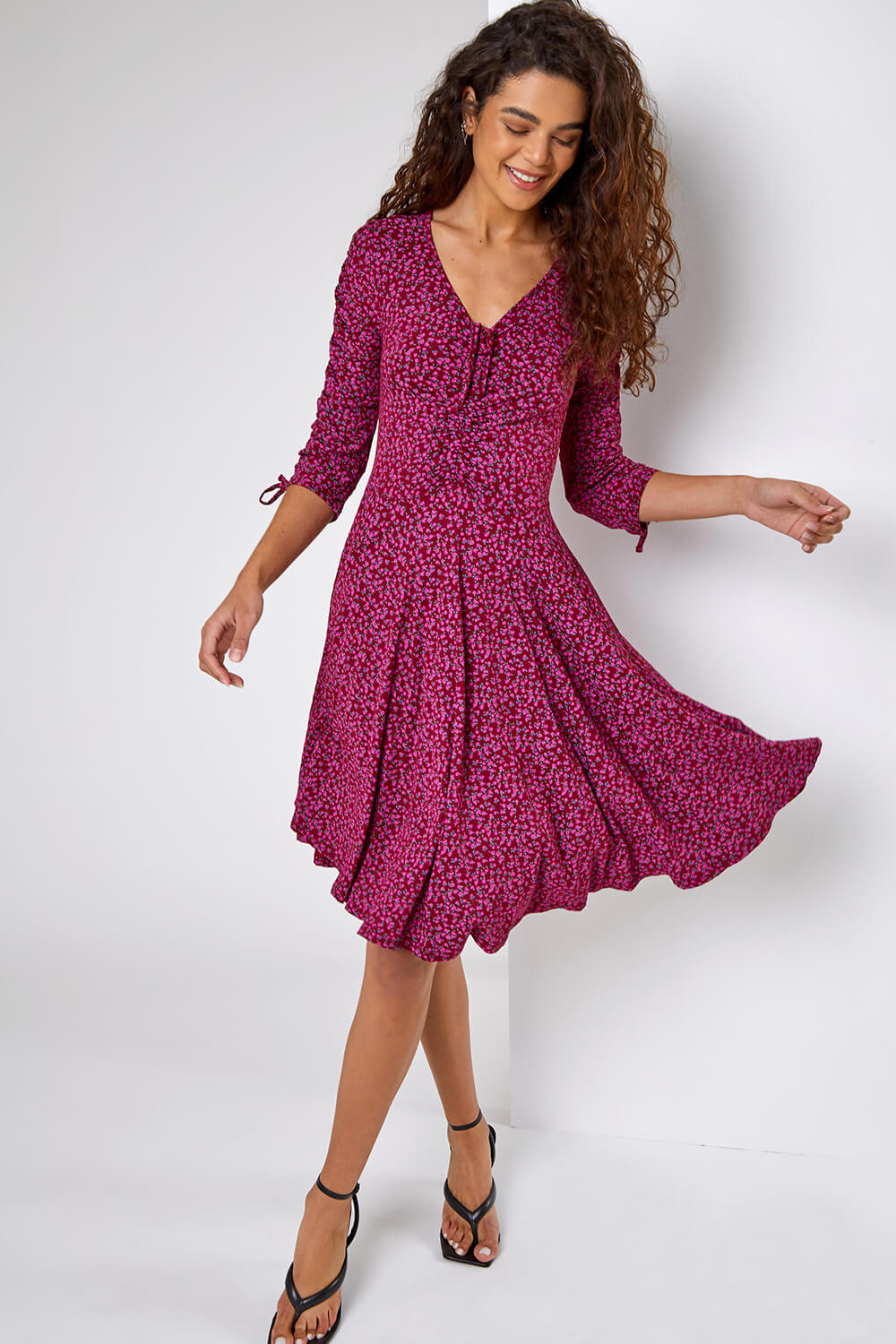 burgundy ditsy floral dress Womens Floral Puff Sleeve Dress