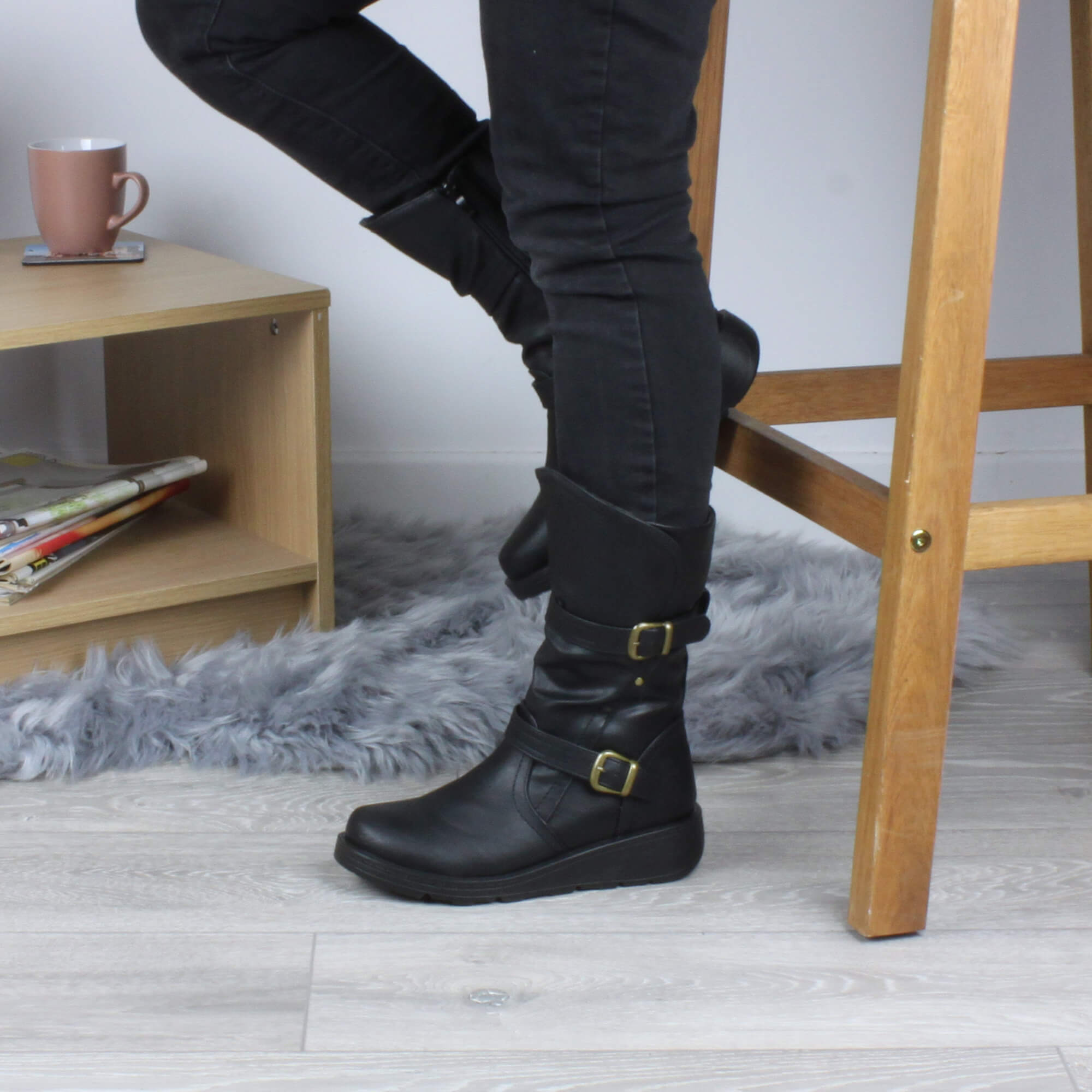 Black Low Wedge Heel Comfort Calf Biker Boots, Image 5 of 6