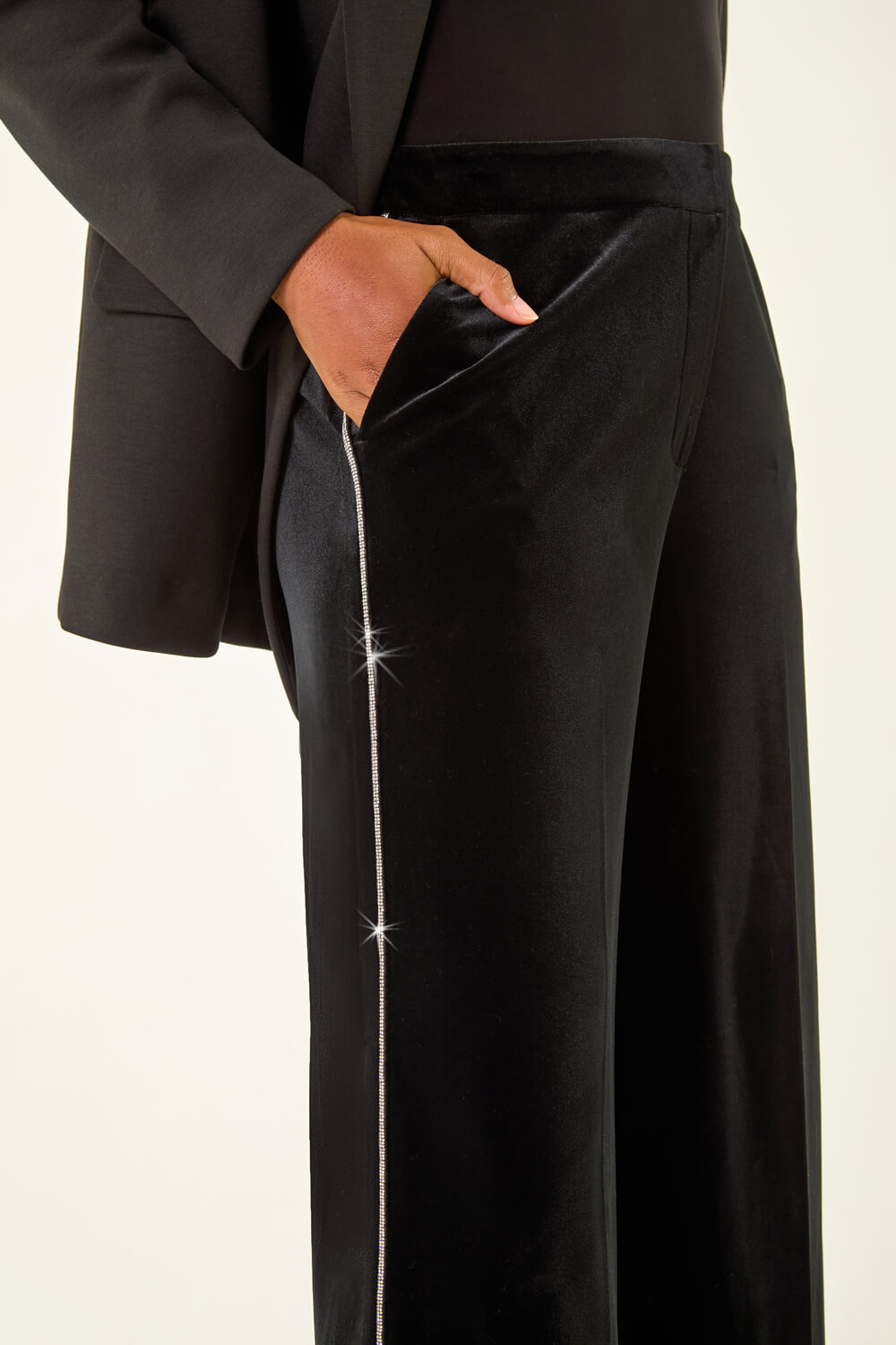 Black Velvet Diamante Side Trim Trouser, Image 6 of 5