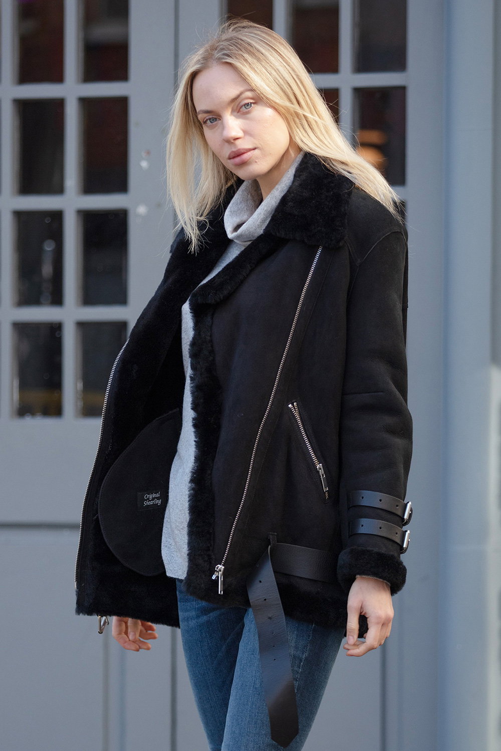 Black 'Khloe' Oversized Sheepskin Flying Jacket