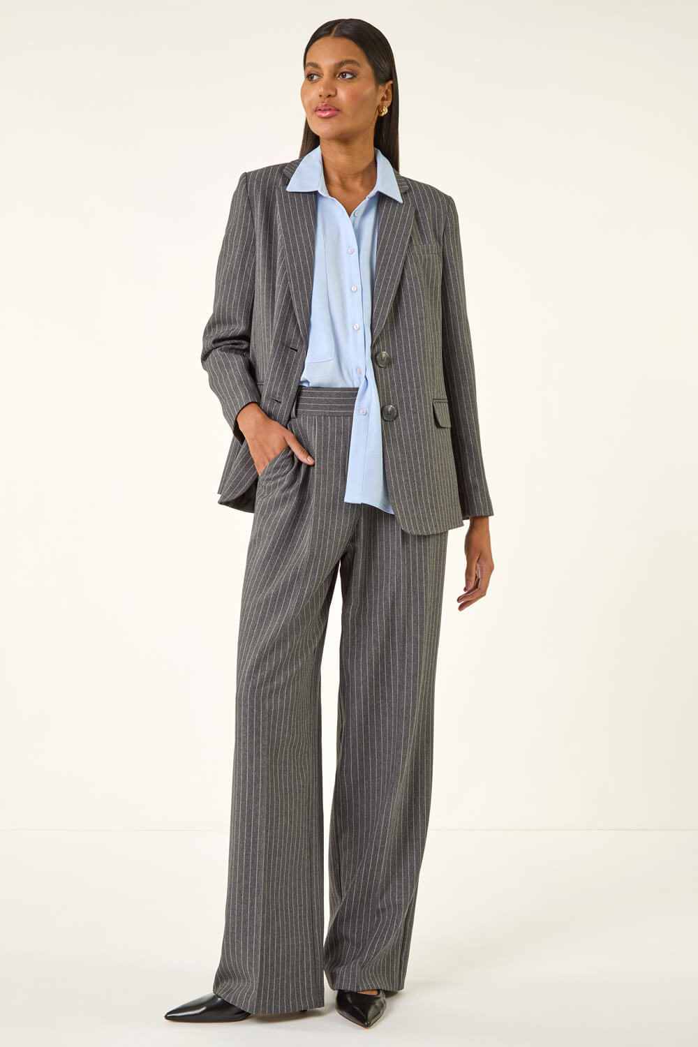 Charcoal Stripe Wide Leg Pocket Trouser , Image 4 of 7