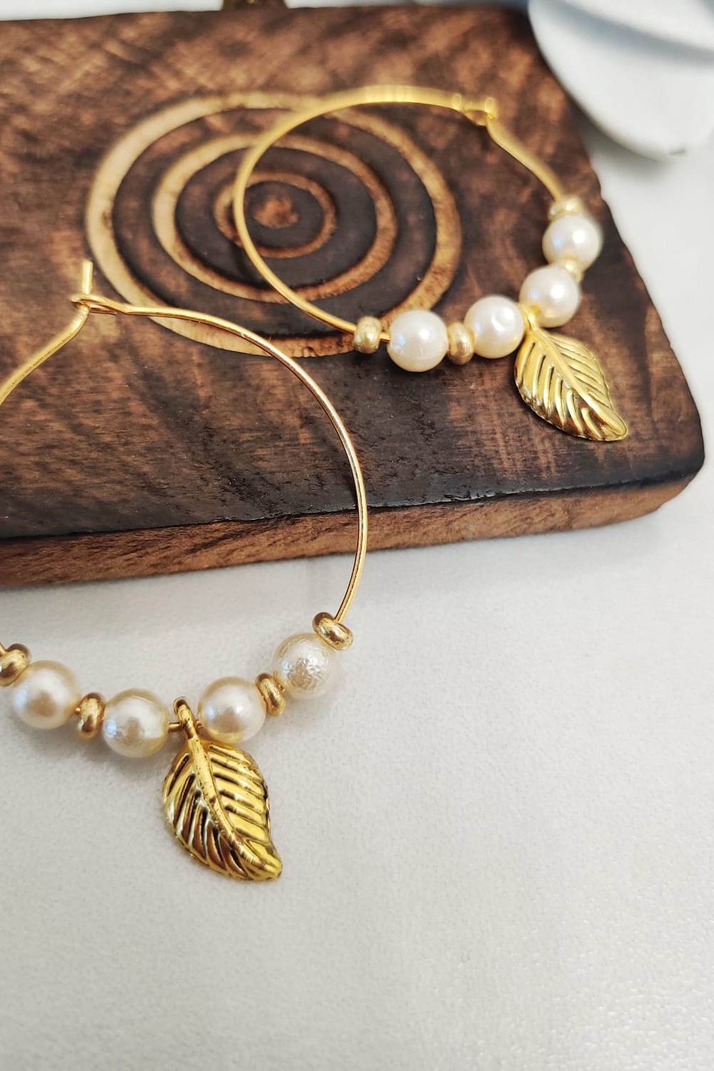 Gold Gold Plated 30mm White Beaded Dangle Leaf Huggie Hoop Earring, Image 2 of 3