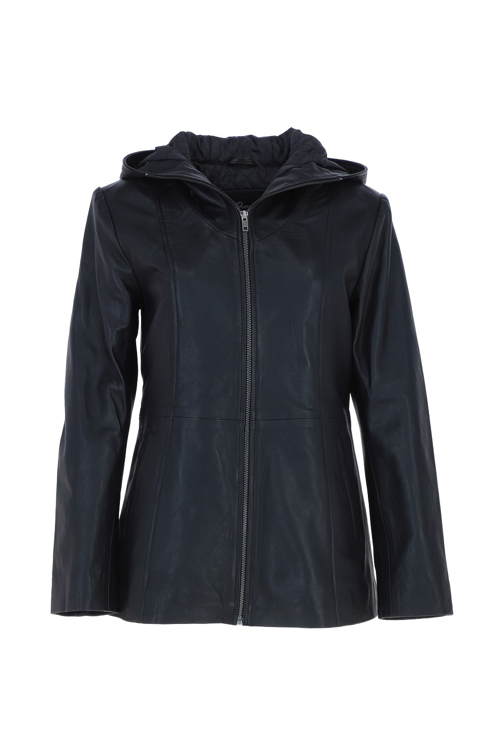 Black Real Leather Hooded Jacket with Fleece Lining, Image 2 of 6