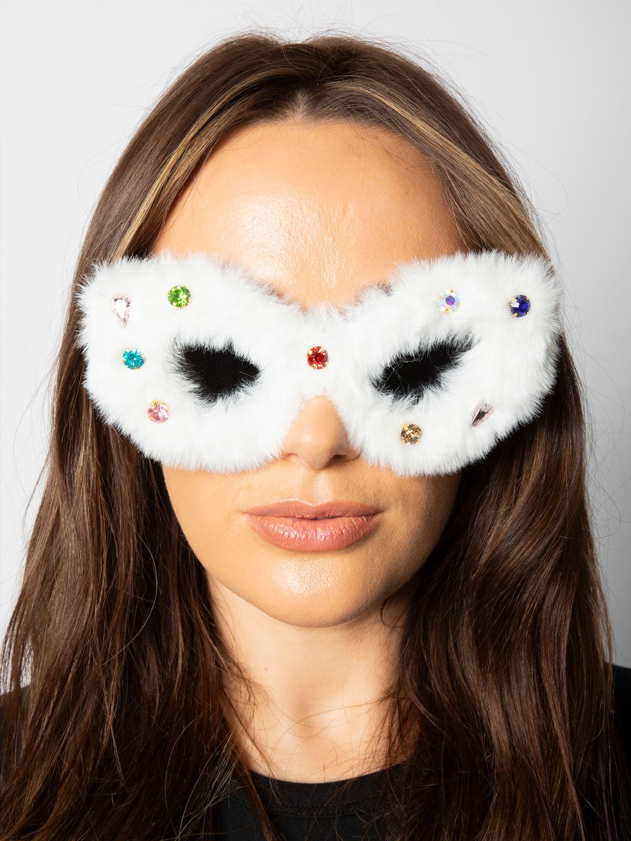 White Faux Fur Cateye Sunglasses with Multicoloured Gems, Image 6 of 6