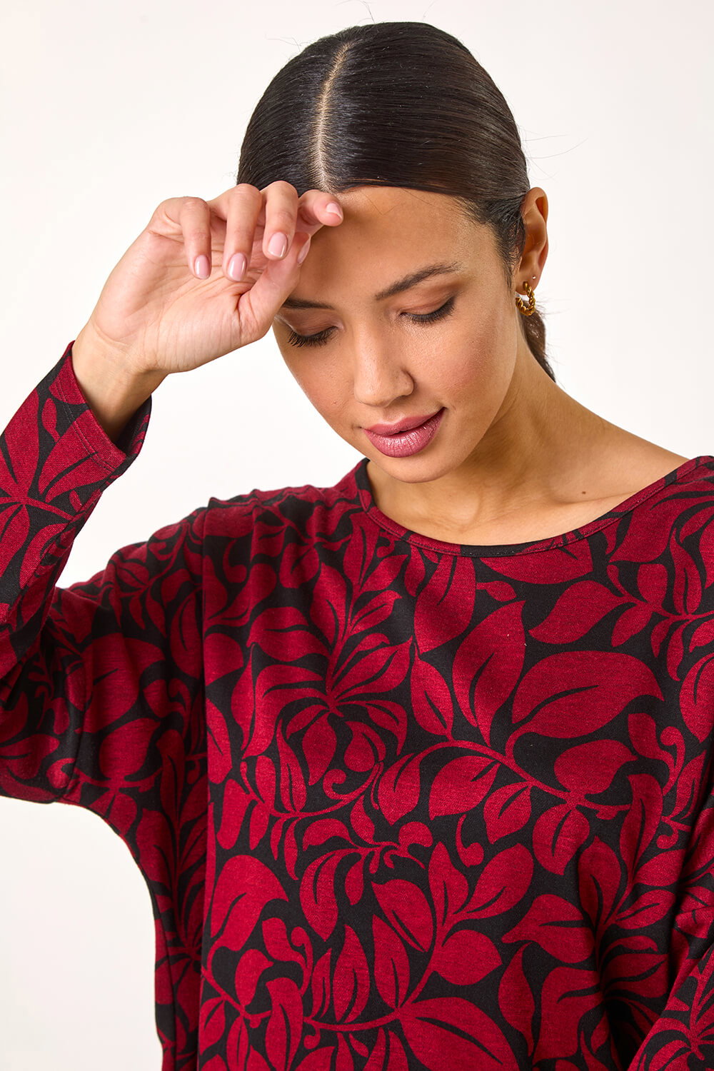Red Leaf Print Round Neck Top, Image 5 of 5