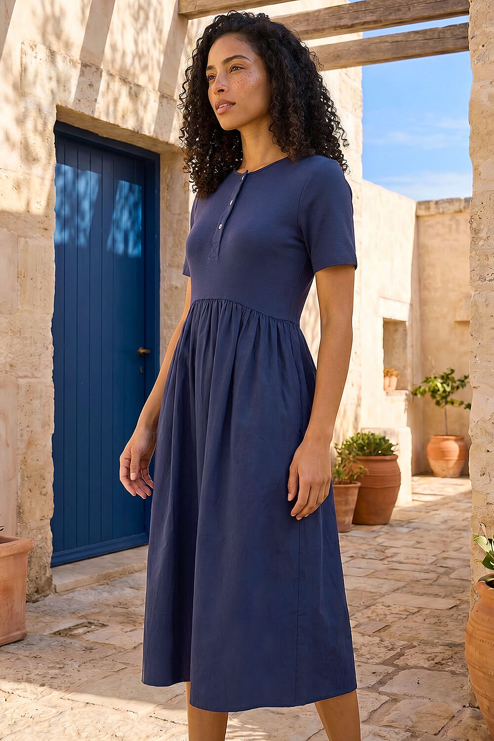 Navy Buttoned Pocket Stretch Midi Dress , Image 3 of 4