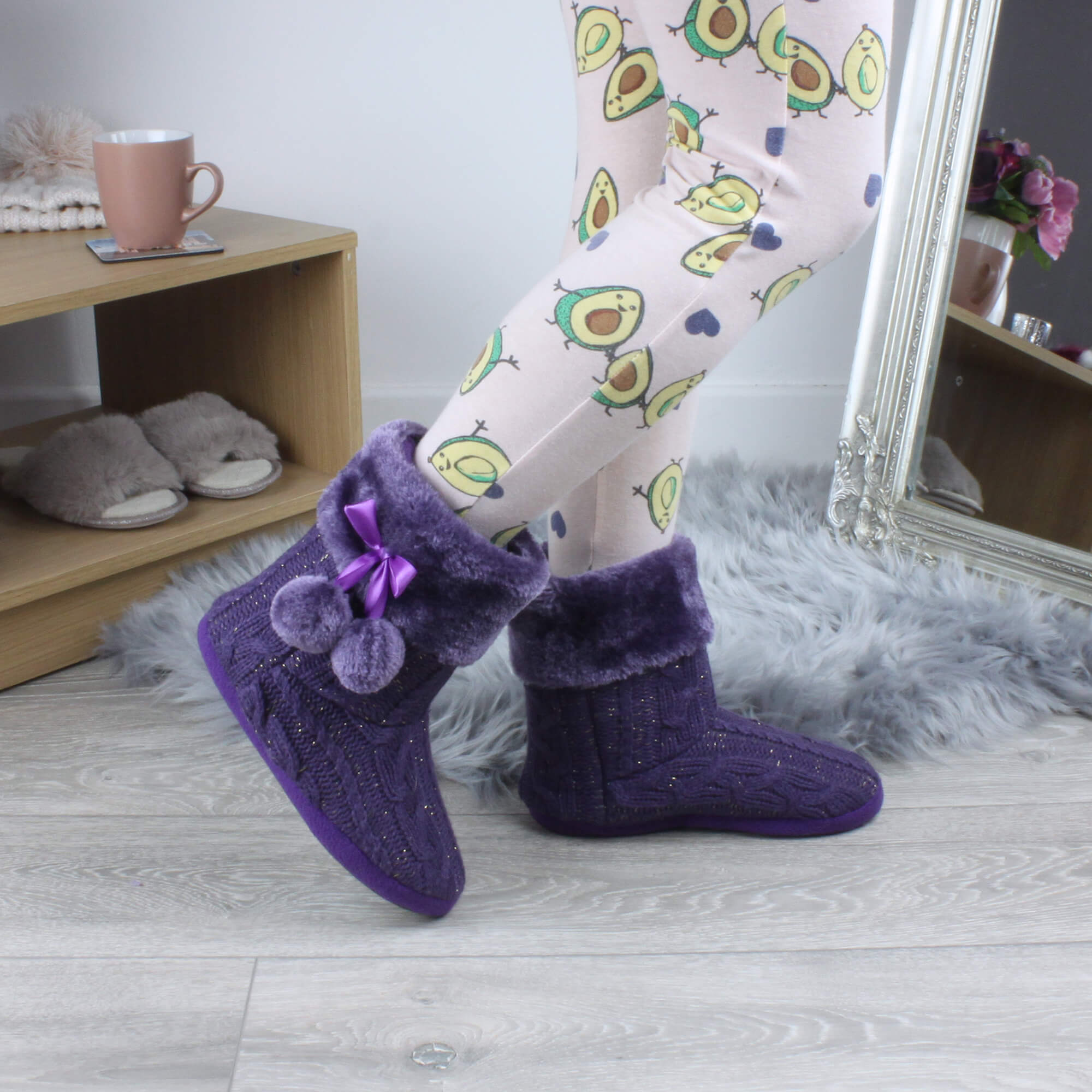 Purple AJVANI Purple Knitted Glitter Ankle Boot Slippers, Image 4 of 5