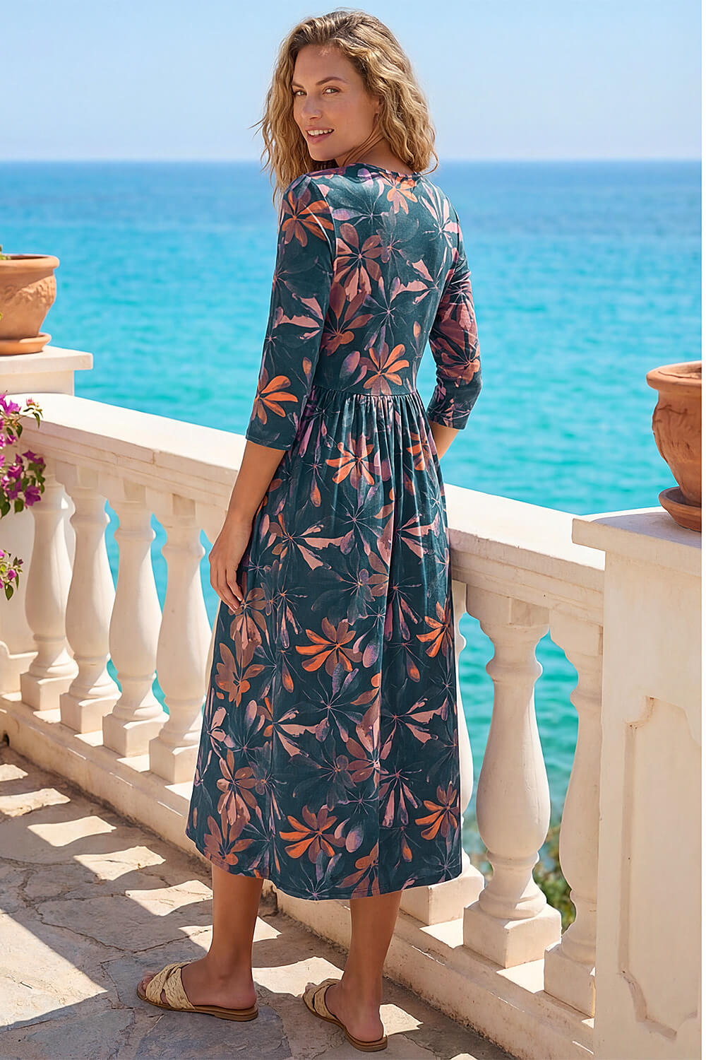 Navy  Floral Print Stretch Midi Dress, Image 4 of 4