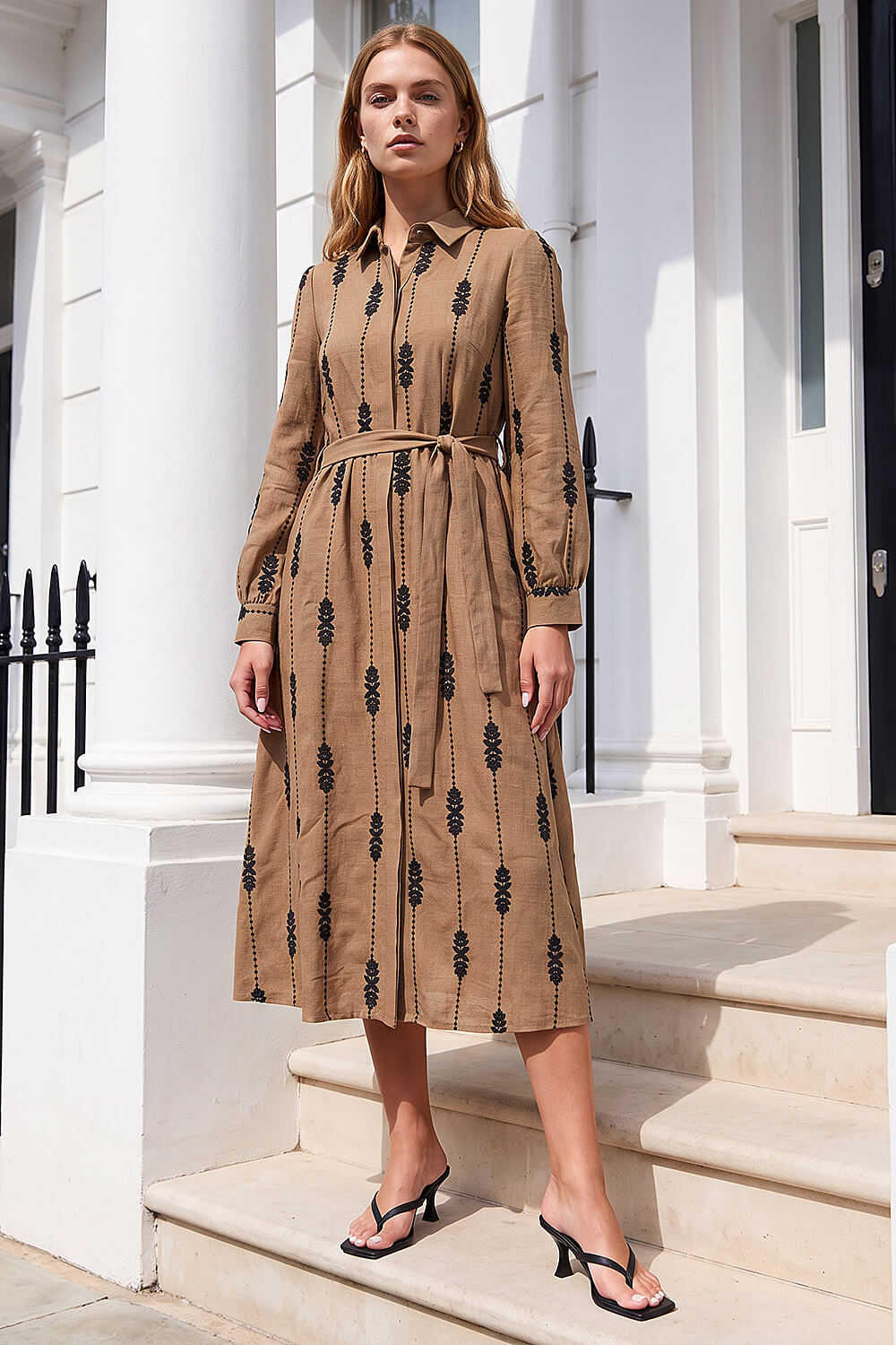 Taupe Belted Embroidery Dress, Image 4 of 4