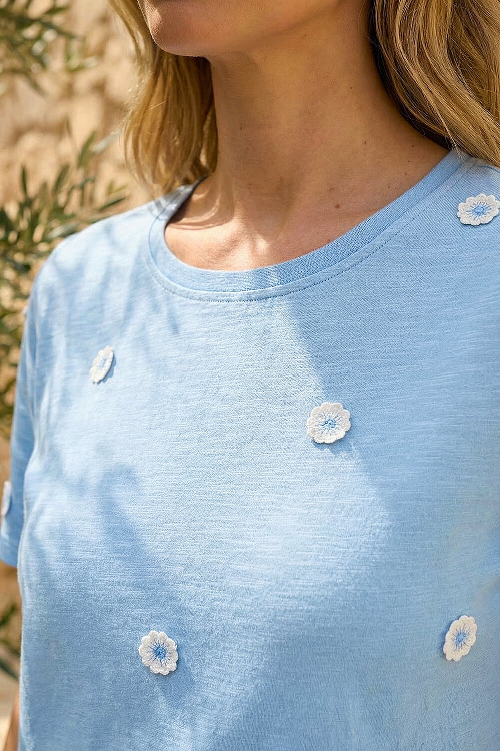 Blue Textured Floral Stretch T-Shirt, Image 5 of 4