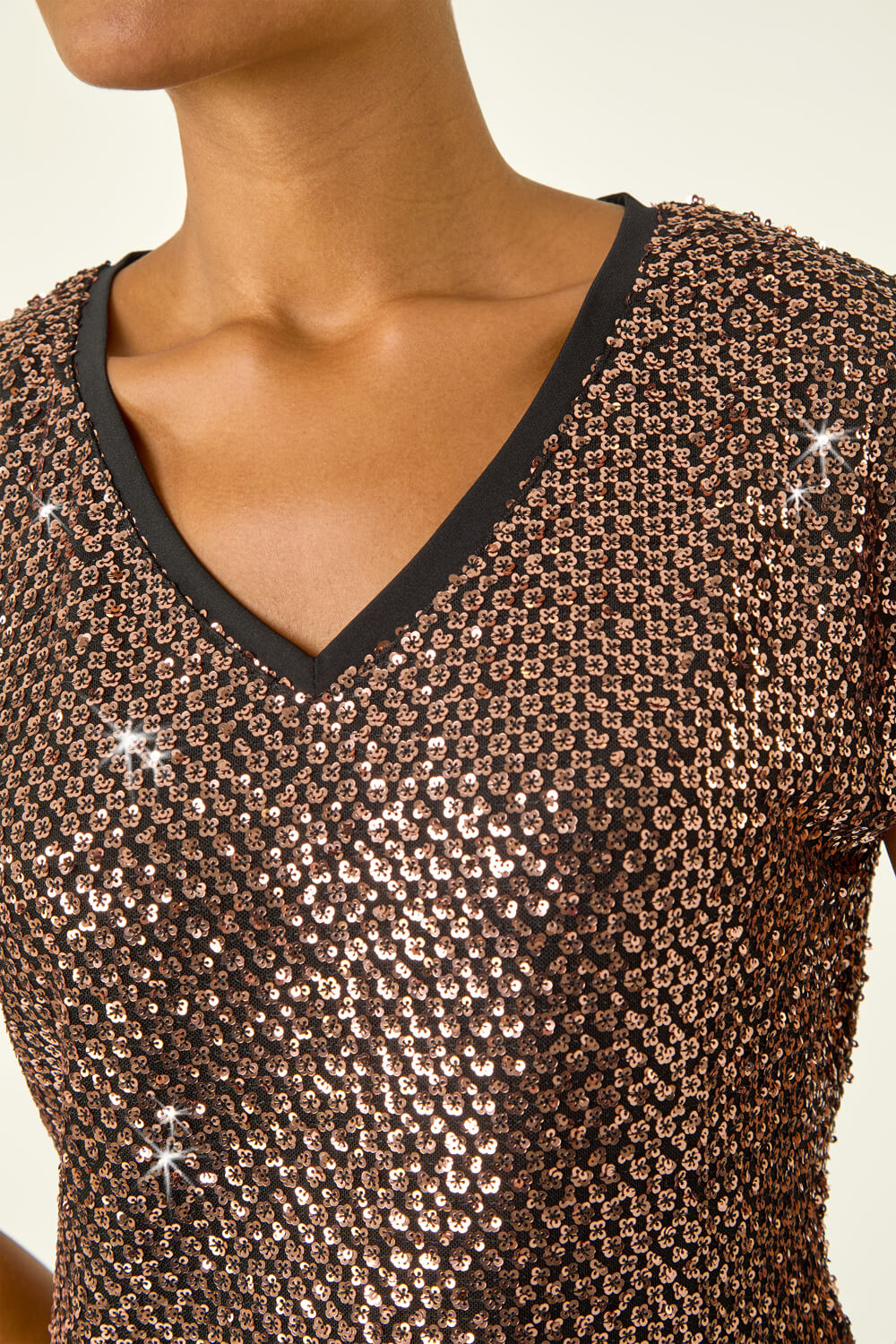 Bronze Sparkly V-Neck Stretch Top, Image 7 of 6