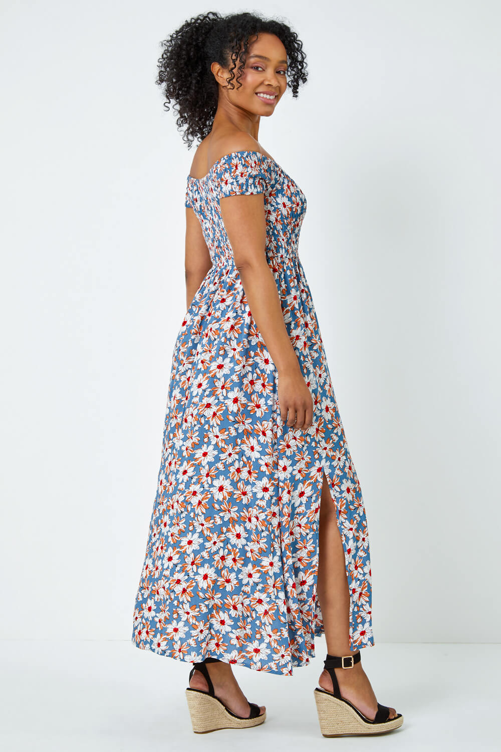 Blue Petite Floral Shirred Bardot Maxi Dress, Image 4 of 5