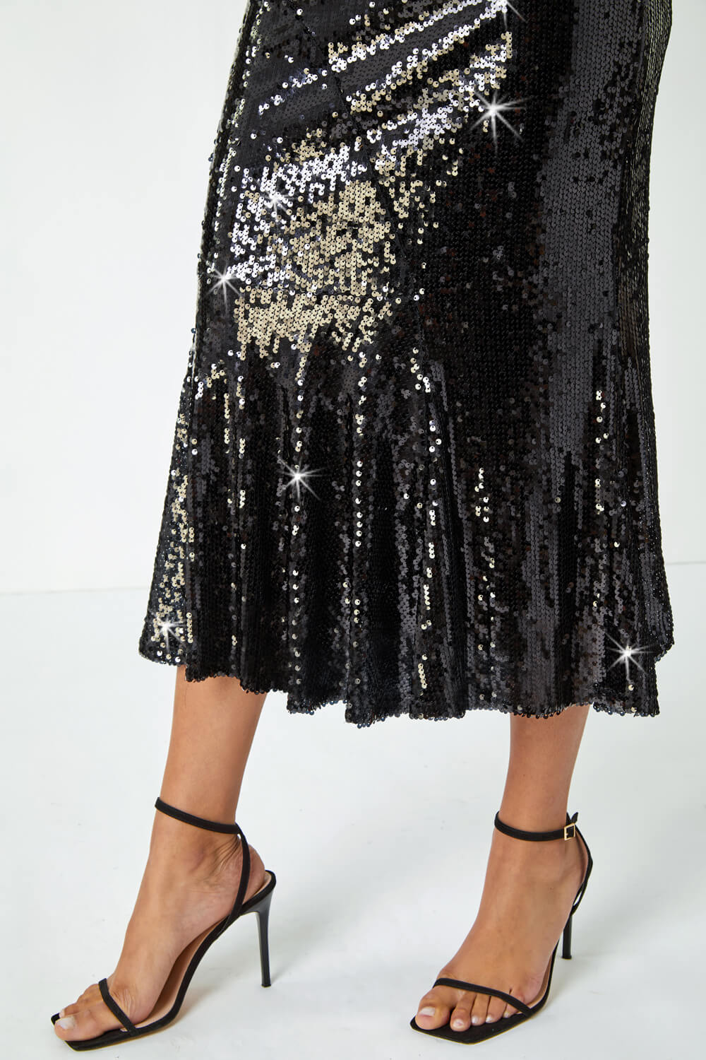 Black Sequin Embellished Fluted Midi Skirt, Image 6 of 6