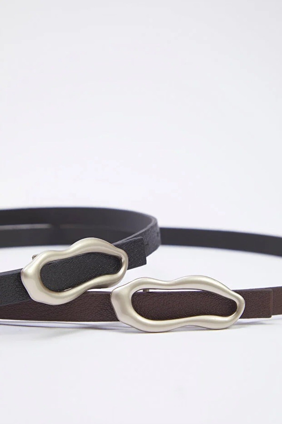 Multi Double Pack Silver Sculptural Buckle Slim Faux Leather Belt, Image 2 of 2
