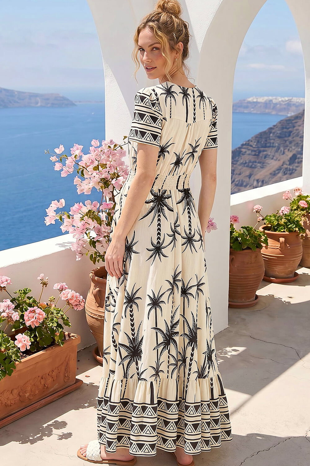 Ivory  Palm Print Button Tie Maxi Dress, Image 3 of 4