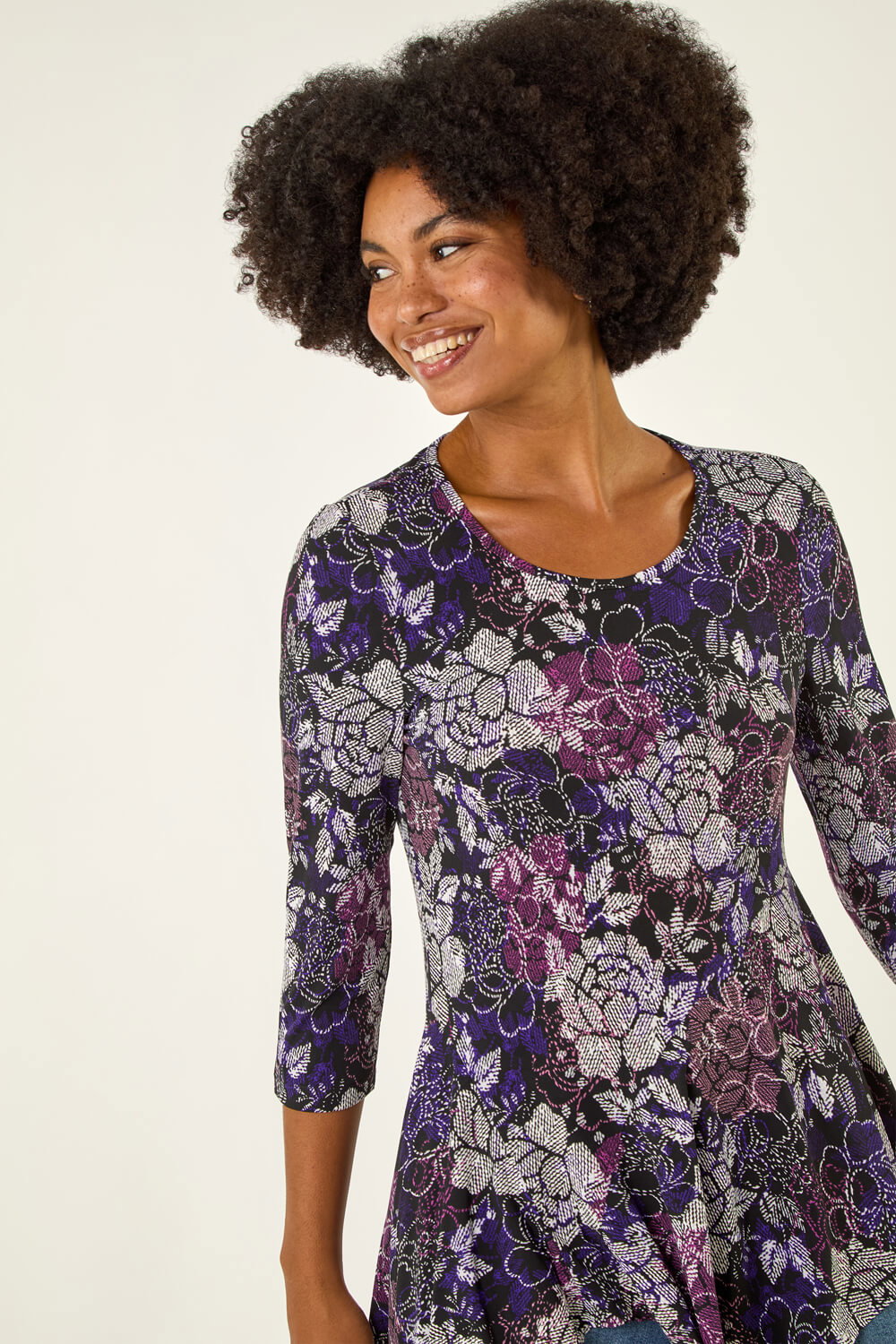 Purple Floral Puff Print Hanky Hem Top, Image 5 of 5