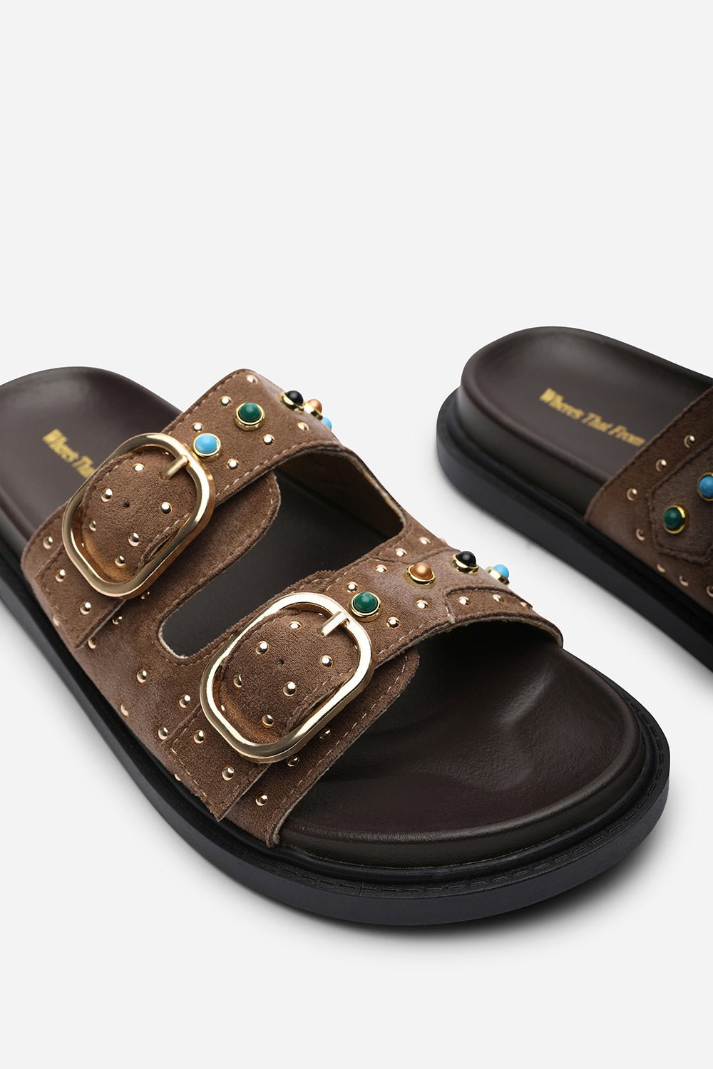 Camel Ceylon Diamante Stud Double Buckle Slide On Sandal, Image 5 of 6