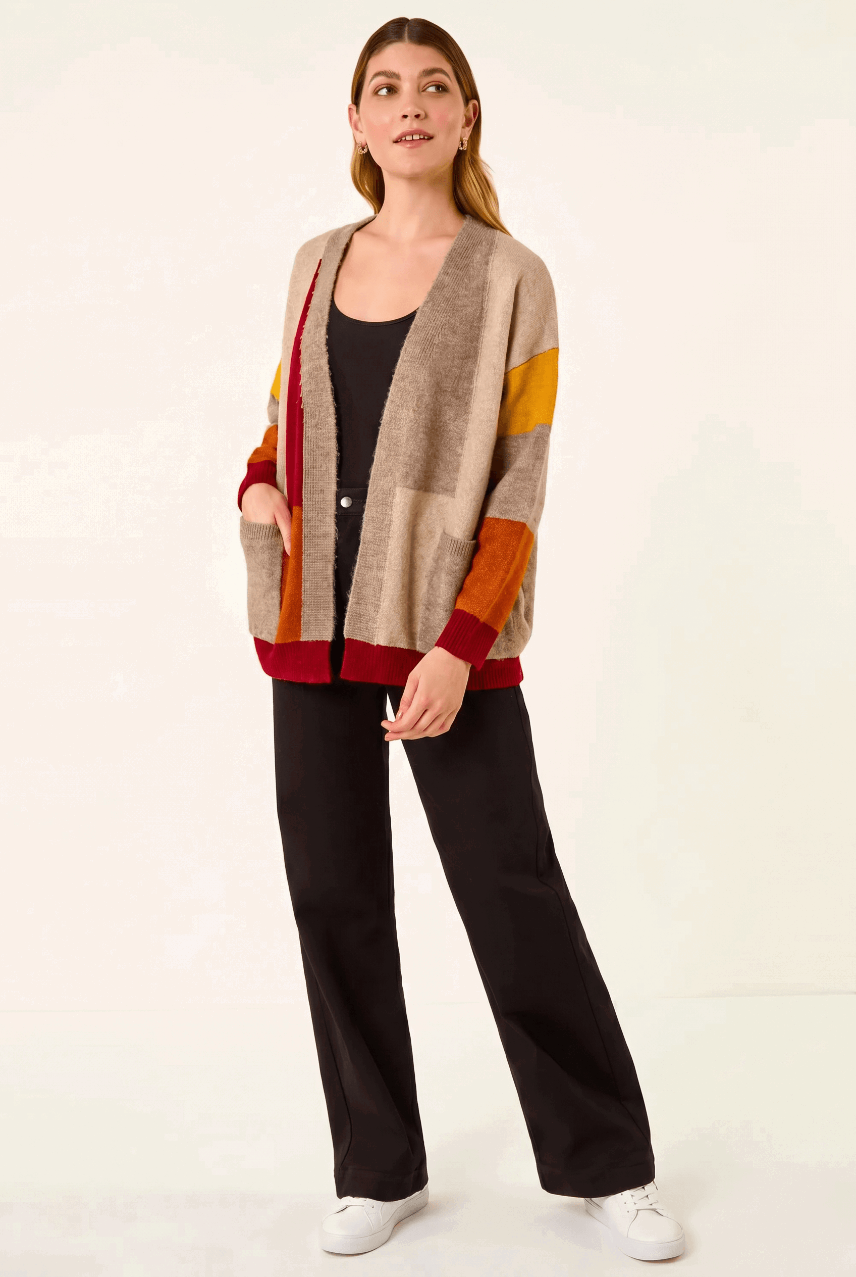 Beige Colour Block Knit Cardigan, Image 1 of 6