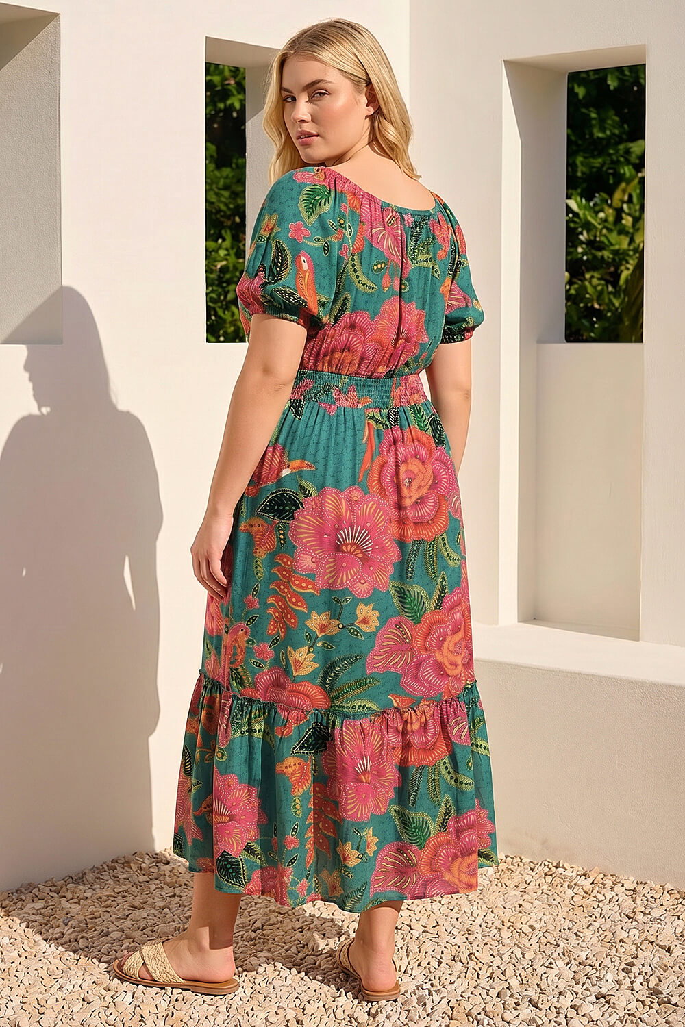 Green Curve Floral Shirred Waist Midi Dress | Roman UK