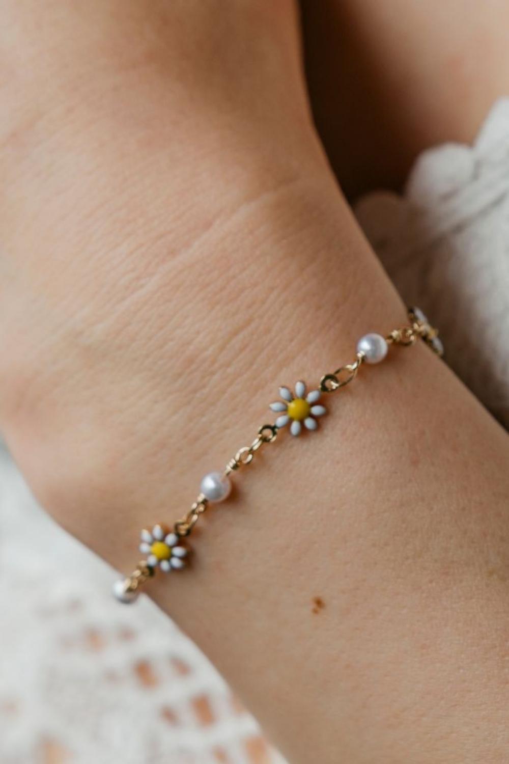 Gold Sunflower Pearl Charm Beaded Boho Bracelet, Image 2 of 2