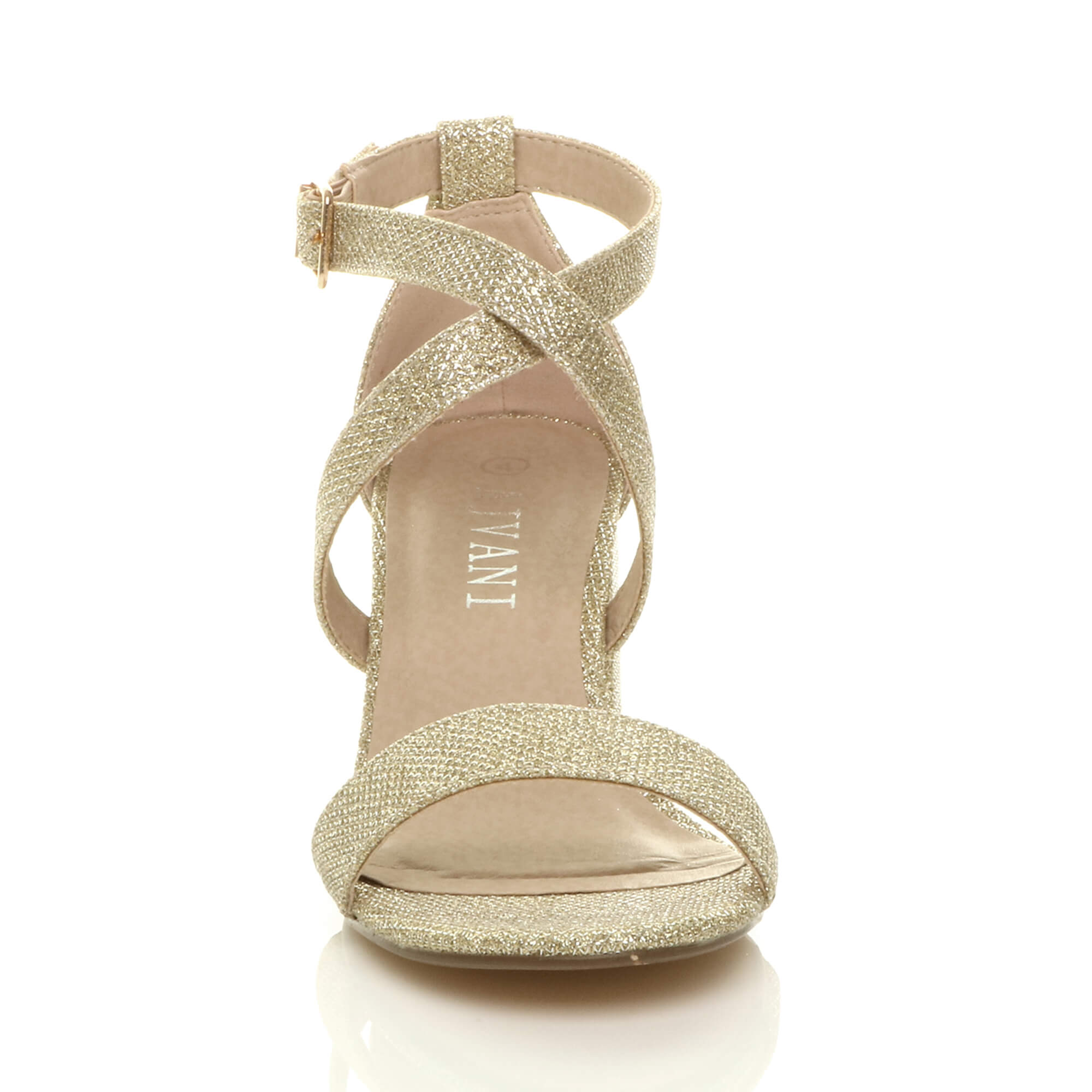 Gold AJVANI Gold Mid Block Heel Crossed Straps Sandals, Image 6 of 6