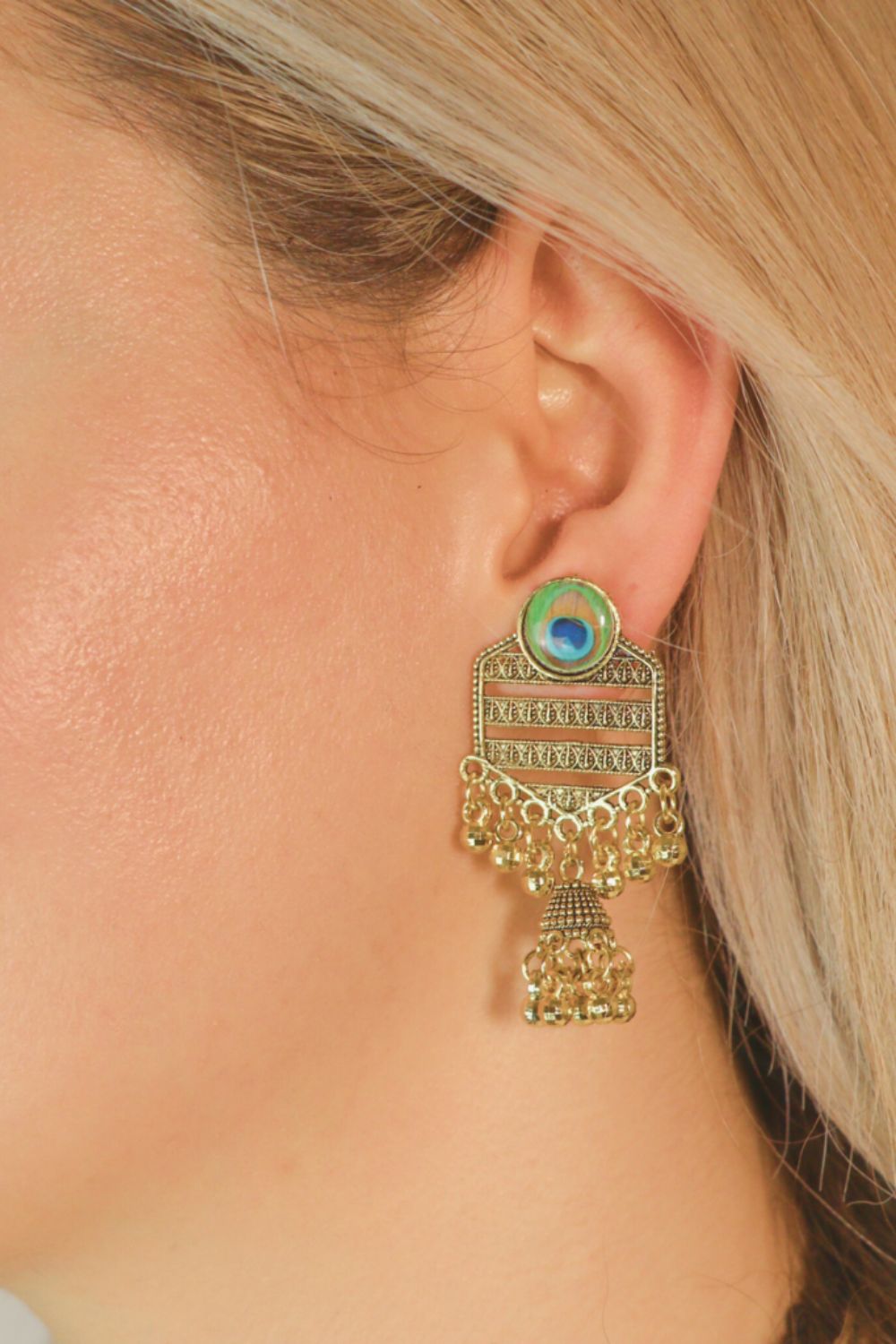 Gold Peacock Indian Boho Oxidised Drop Ethnic Dome Jhumka Earring, Image 2 of 2