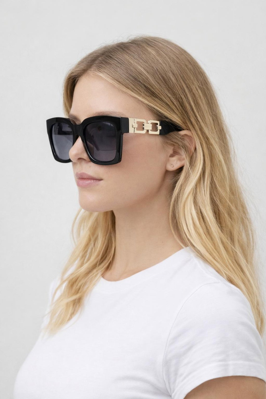 Black Oversized Sunglasses with Gold chain detail, Image 2 of 4