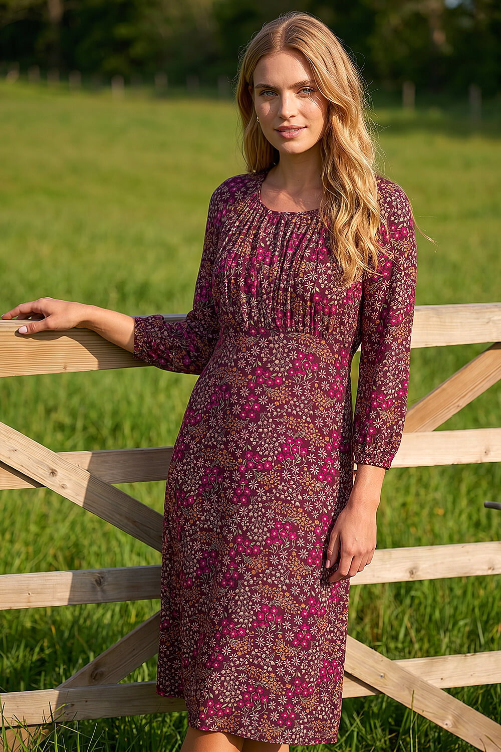 Wine Square Neck Ditsy Dress, Image 1 of 3