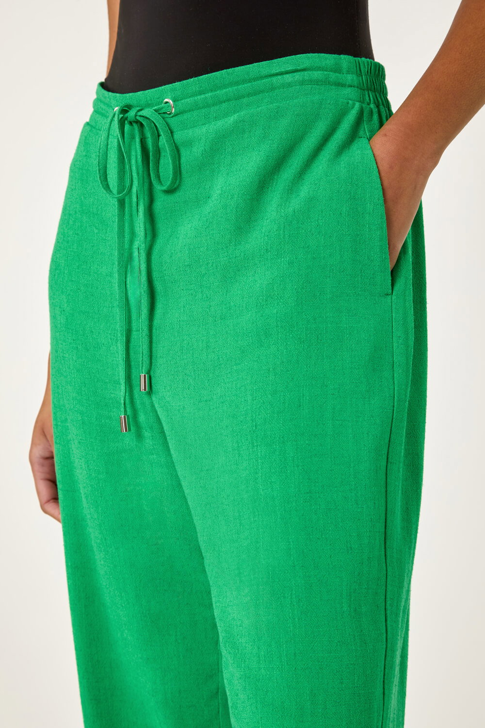 Green Elastic Waist Tie Waist Linen Blend Trouser, Image 6 of 7