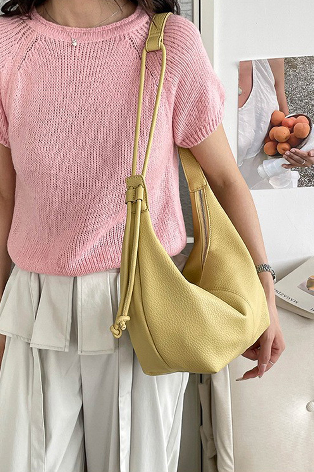 Yellow Crescent Shoulder Bag With Flower Charm, Image 1 of 3