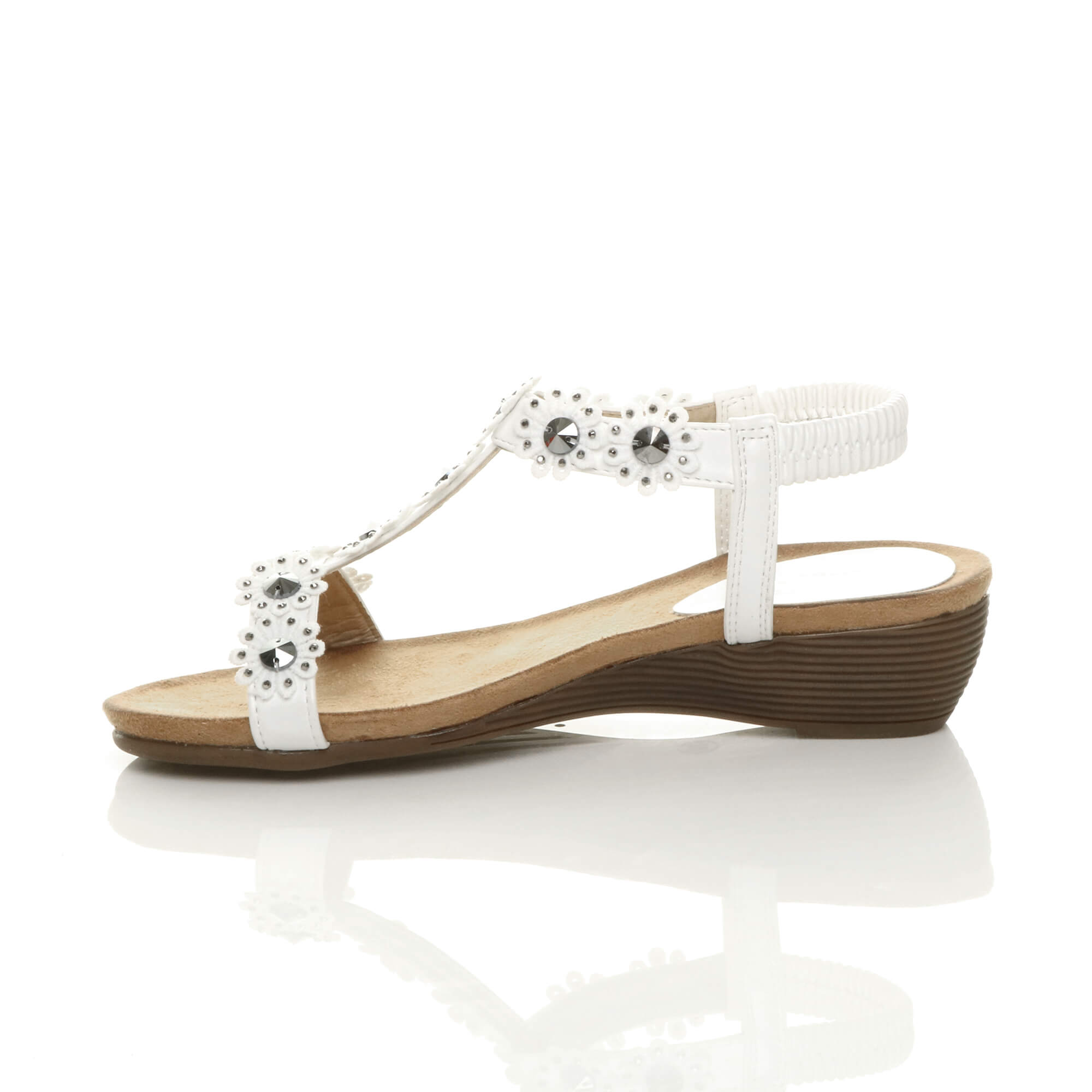 White AJVANI White Low Wedge Heel Strappy T-Bar Flower Slingback Sandals, Image 3 of 6