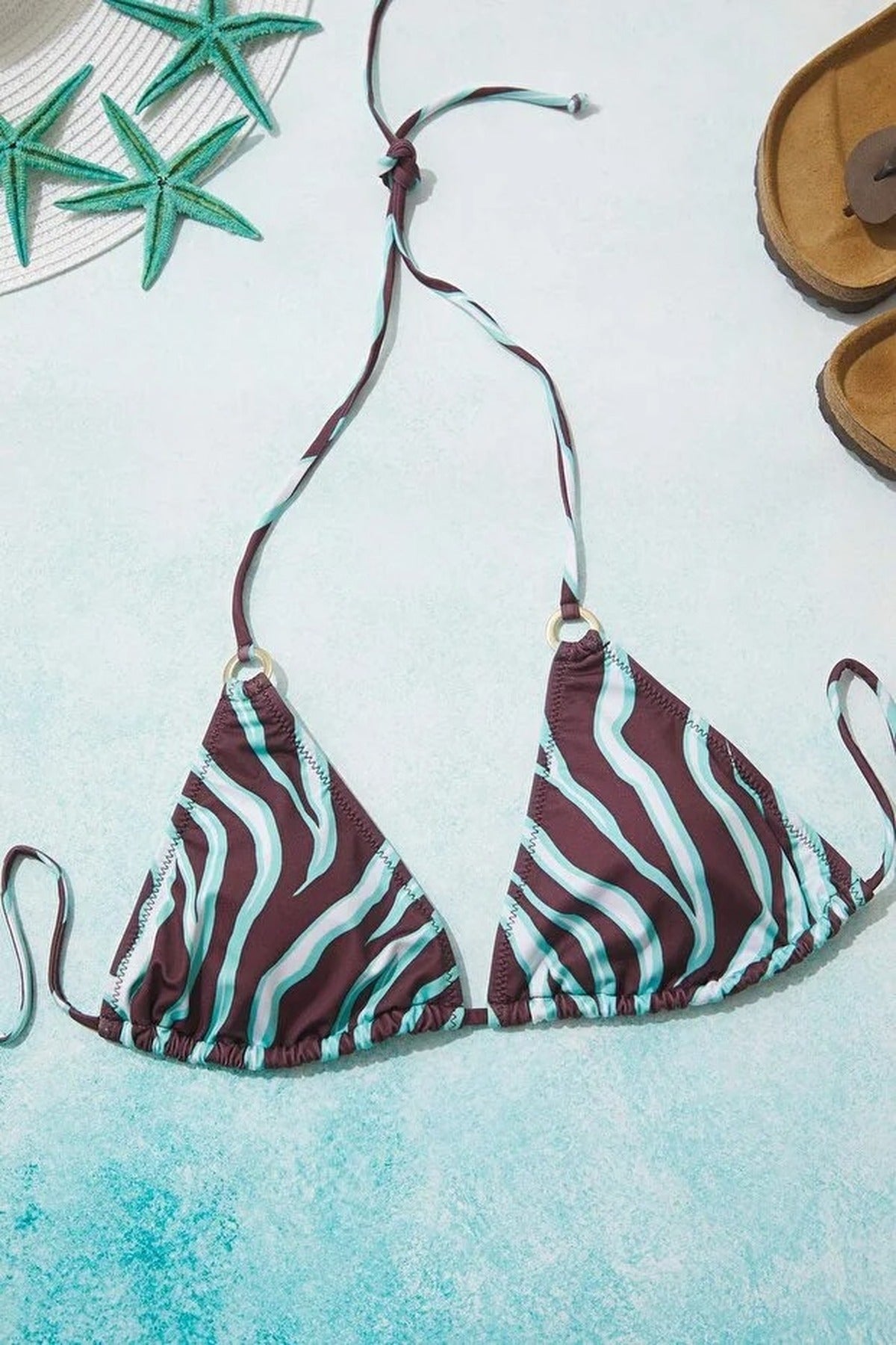 Multi Triangle Bikini Top with Halterneck Tie and Ring Detail, Image 3 of 4