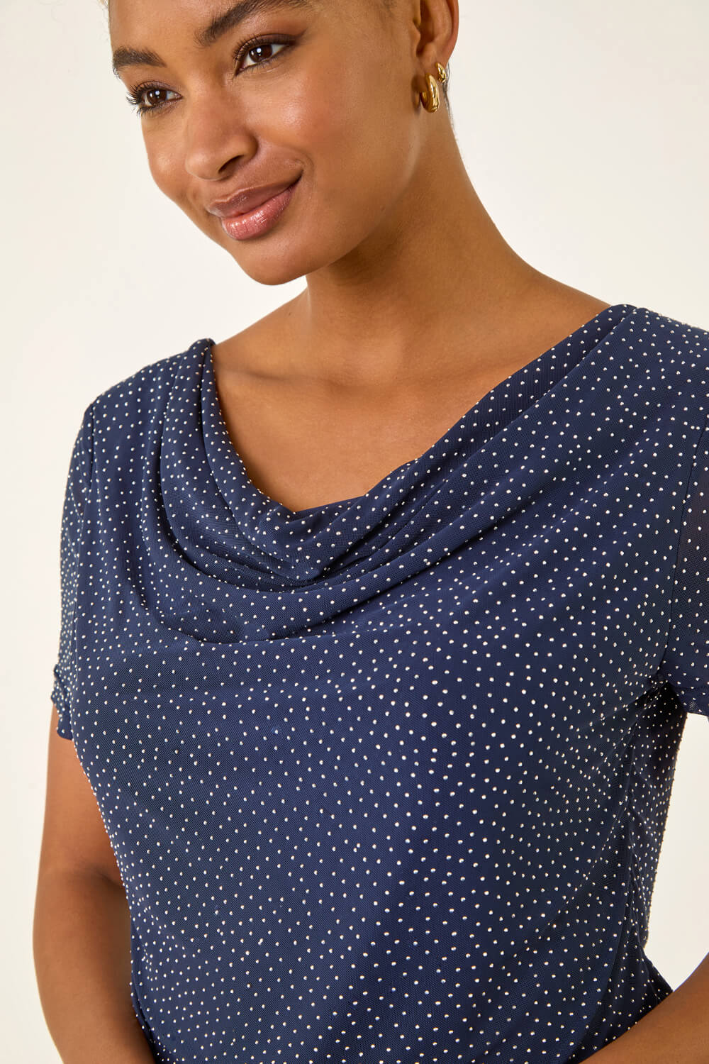 Navy Embellished Cowl Neck Top, Image 6 of 5