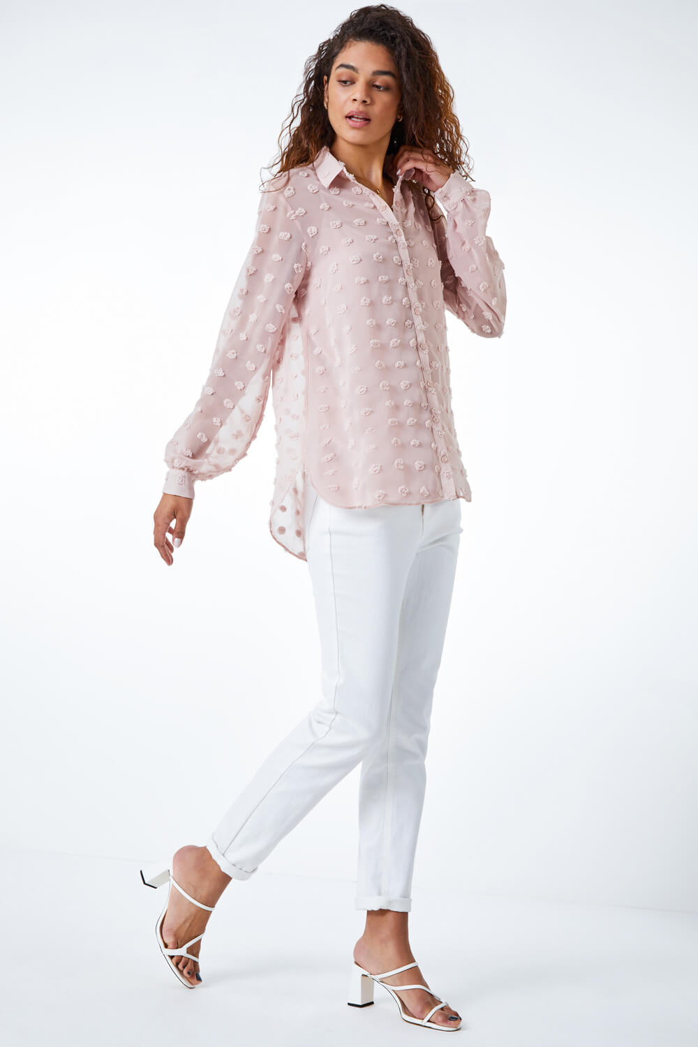 Light Pink Textured Spot Button Up Blouse, Image 3 of 5