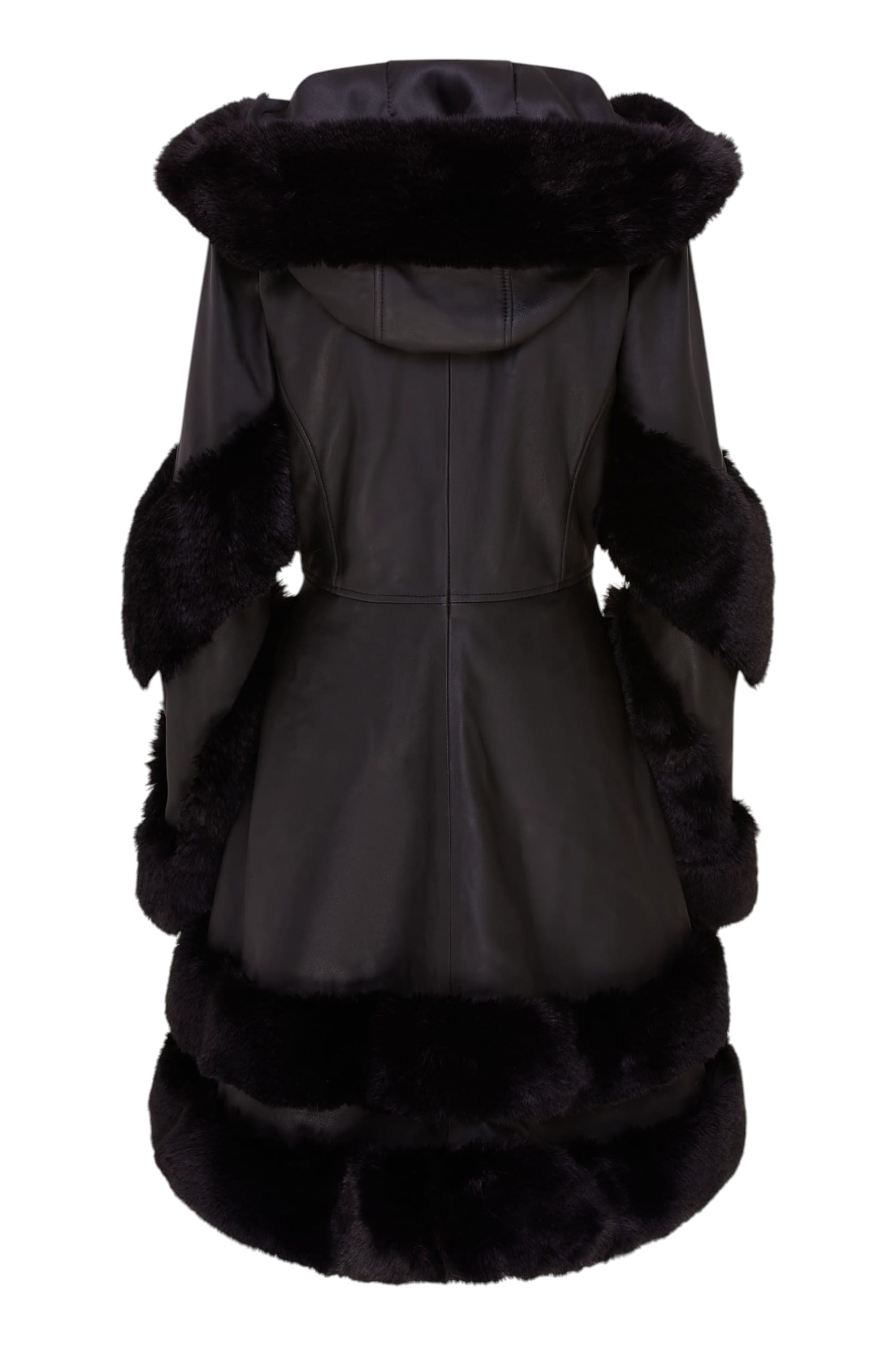 Black Flared Leather Hooded Cape Coat-Mandal, Image 4 of 6