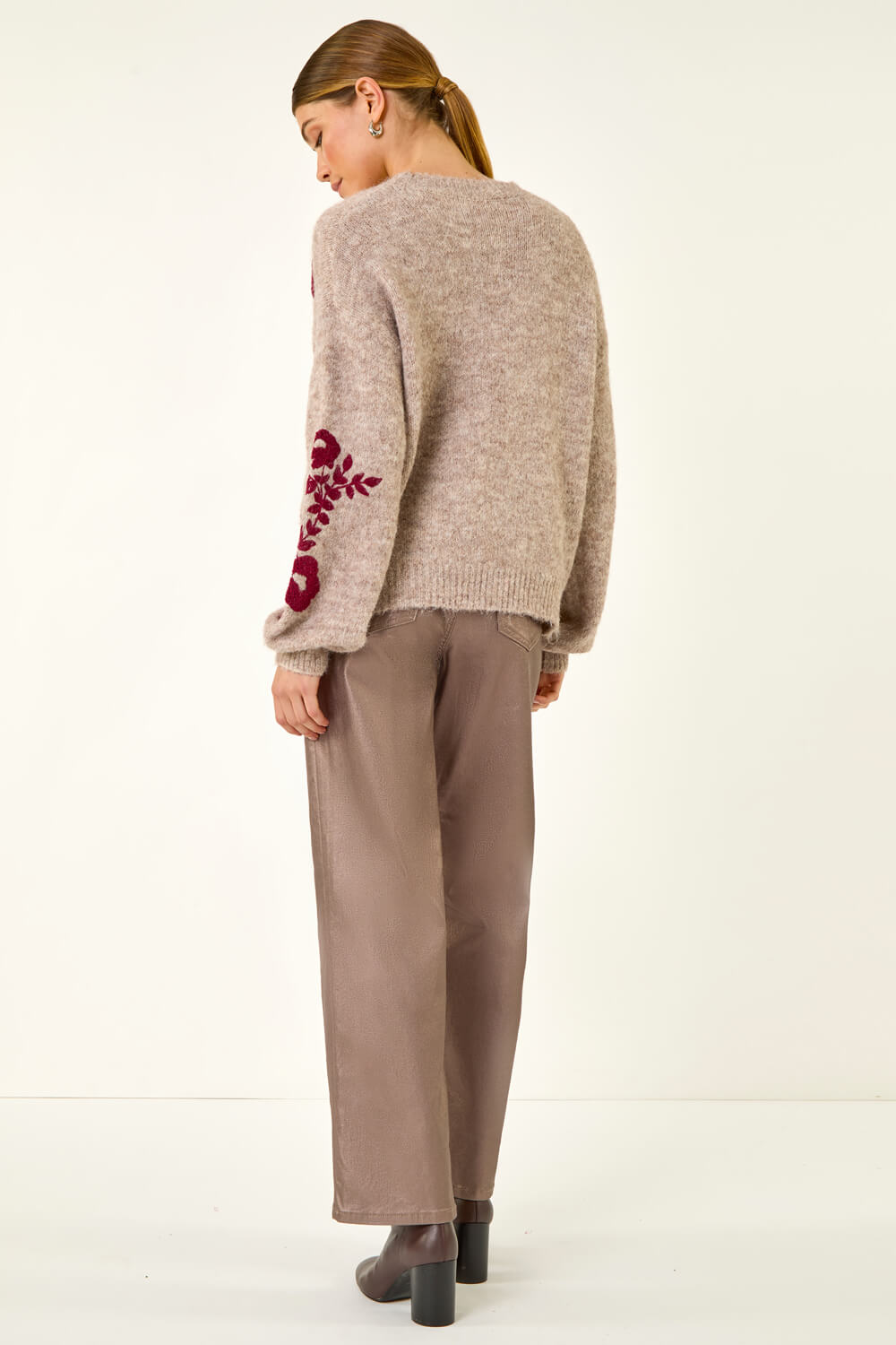 Taupe Floral Crew Neck Knit Jumper, Image 5 of 7