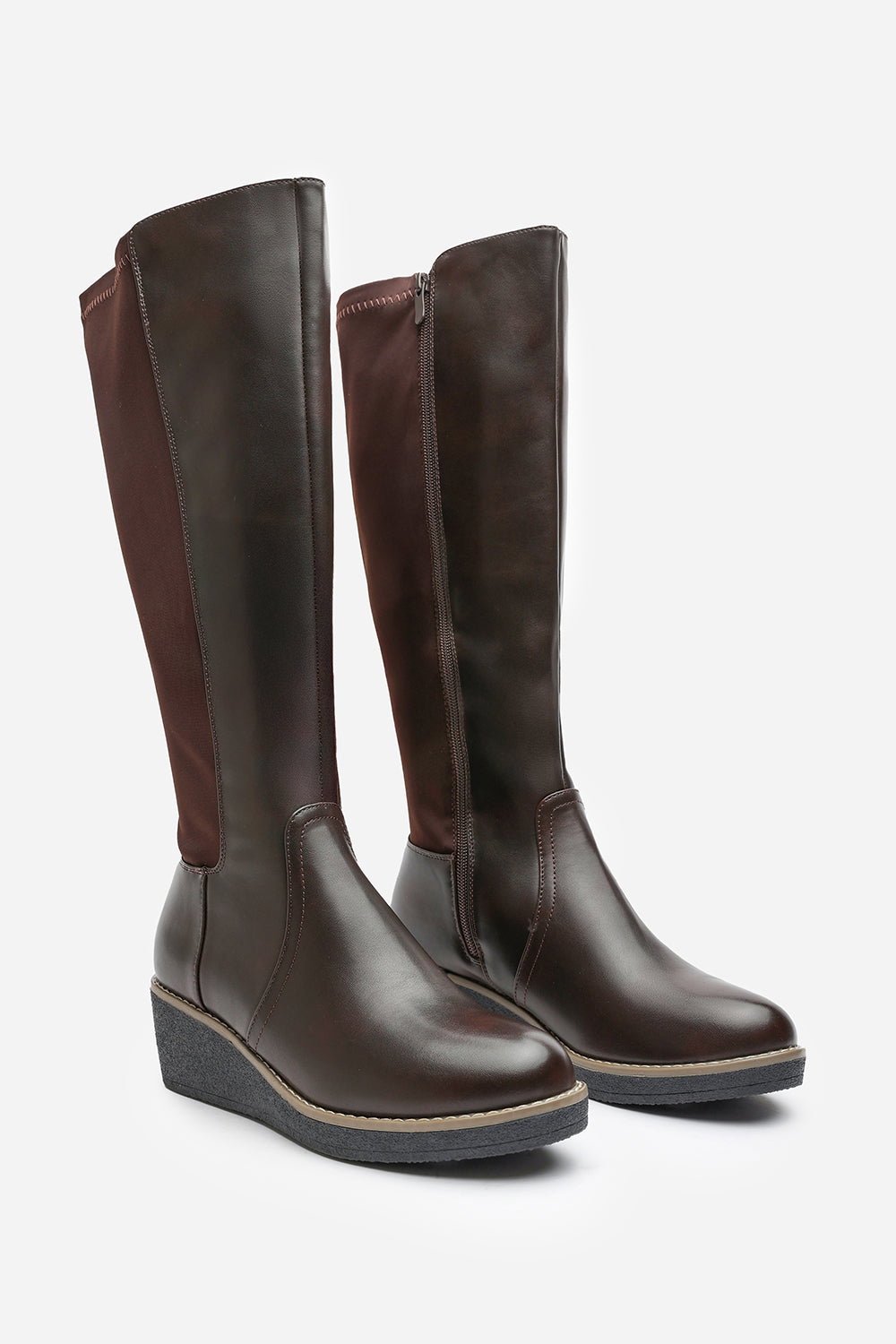 Brown 'Livia' Knee High Wedge Boot Stitch Detail, Image 4 of 6