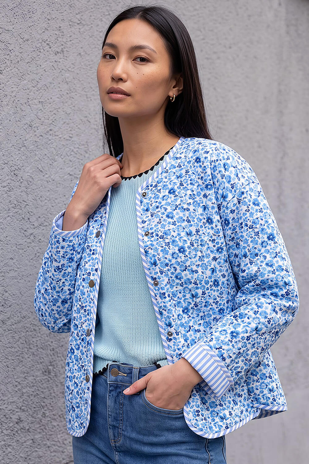 Roman Women's Blue Floral Quilted Jacket Size 10