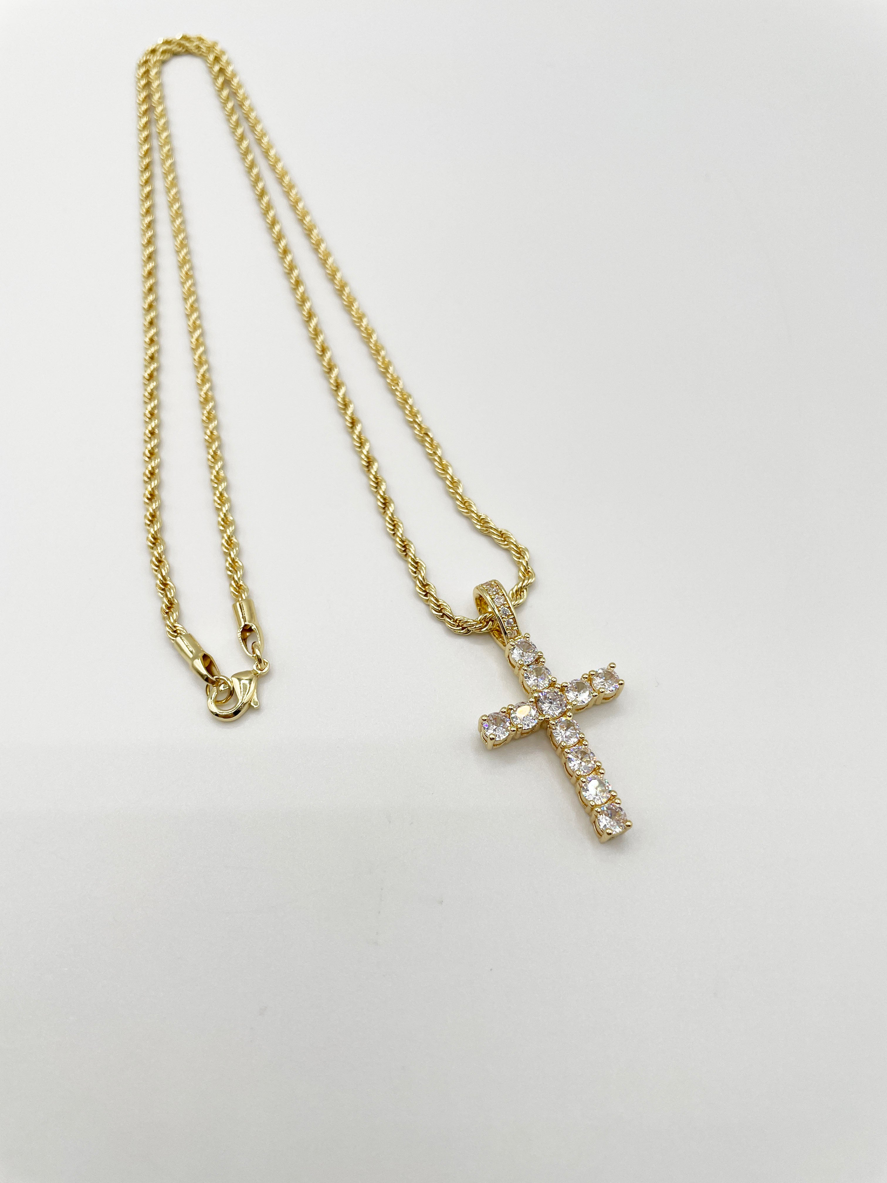 Gold Diamante Cross Pendant Necklace in Gold, Image 1 of 3